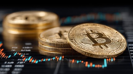 Poster - A bitcoin coin on a chart representing quantum investment strategy icon concept with a professional data visualization