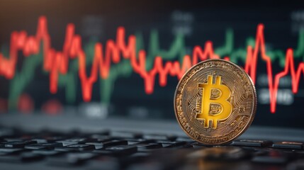 Poster - Innovative bitcoin on laptop representing quantum market momentum concept featuring elegant financial analytics