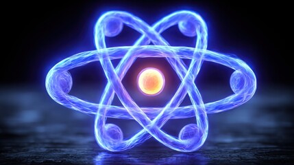 Poster - Blue and orange atom icon representing the concept of quantum tokenomics model for economic system analysis