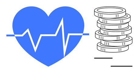 Poster - Blue heart with a heartbeat line and stack of coins highlighting health and financial security. Ideal for healthcare costs, insurance, wellness investment, savings, medical budgeting, financial