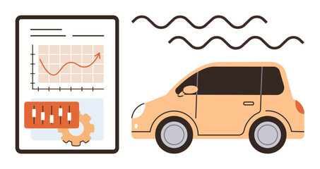 Poster - Car beside analytics screen with graph, settings, and gears. Ideal for technology, automotive, analytics, transportation, efficiency user interface innovation. Simple flat metaphor