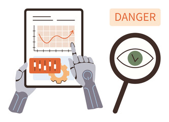 Poster - Robotic hands analyzing graphs on a tablet, gear, magnifying glass with eye icon, and danger alert. Ideal for technology, robotics, AI, data analysis innovation safety control systems. Simple flat