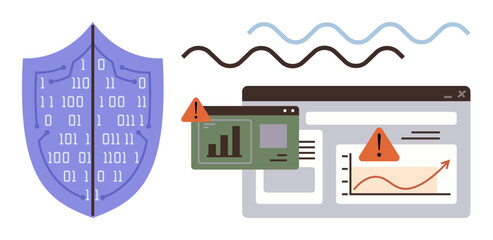 Poster - Shield with binary code, browser windows with warning alerts, wavy lines. Ideal for cybersecurity, data protection, online threats, system breach, encryption IT security internet safety. Simple