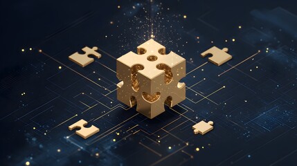 Poster - Gold puzzle cube on a dark circuit board.