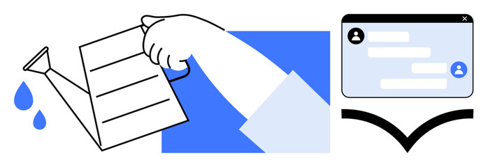 Poster - Hand holding a watering can pouring water on text, chat interface with user icons, and abstract growth in modern style. Ideal for innovation, communication, growth, education, teamwork, startup