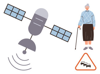 Poster - Satellite beaming signals, elderly woman with walking cane, and a triangular traffic warning sign with cars. Ideal for technology, communication, aging, safety, navigation, awareness future