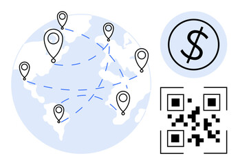 Poster - Map with location markers connected by dashed lines, QR code, and currency icon. Ideal for fintech, e-commerce, international banking, logistics, global trade, data transfer simple flat metaphor