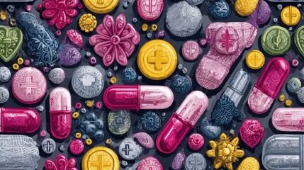 Illustration of colorful pills, capsules, and various floral-shaped objects scattered randomly