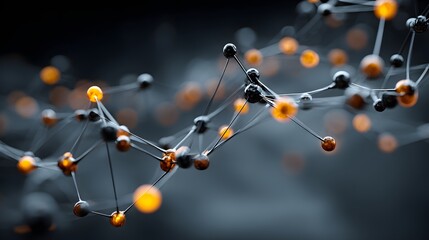 Poster - Complex network of interconnected spheres in dark tones.