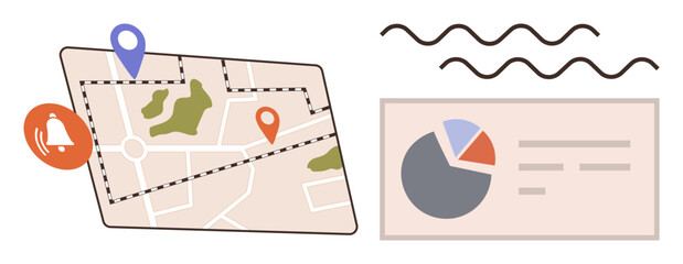 Poster - Navigation map featuring route markers, notification icon, and dashboard showcasing pie chart and data points. Ideal for travel, logistics, data tracking, planning, analytics, dashboards