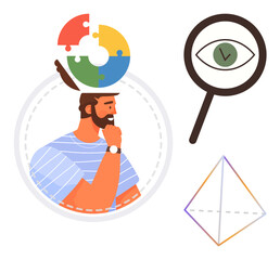 Poster - Man thinking with puzzle-shaped brain symbolizing problem-solving, magnifying glass for insight, and geometric pyramid for balance. Ideal for creativity, strategy, focus, analysis, knowledge