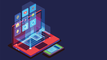 Isometric view of a laptop with floating application icons and a smartphone on a dark background