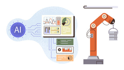 Poster - Robotic arm lifting cargo alongside a digital dashboard displaying AI data analysis and system monitoring. Ideal for automation, robotics, artificial intelligence, innovation, technology, industry