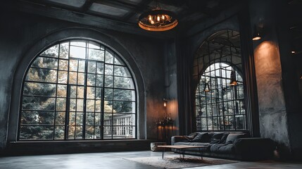 Poster - A spacious industrial-style room with large arched windows.