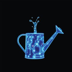 Poster - Futuristic watering can illustration featuring circuit board design and water splashes on black background.