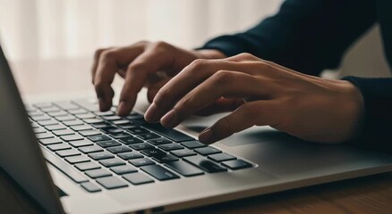 Hands typing on laptop keyboard for business coding writing or freelance technology concept