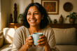 © ali - Smiling Middle-Aged Woman Enjoying Coffee in Sunlit Living Room