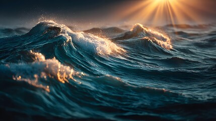 Poster - Dramatic ocean waves illuminated by the setting sun.