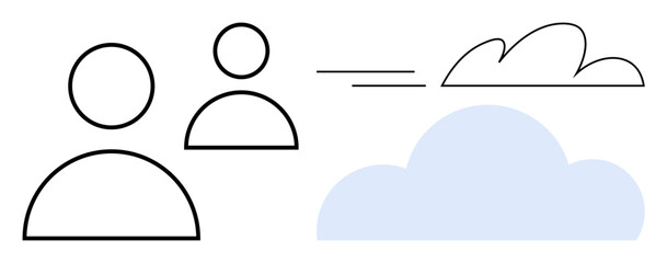 Poster - Two user icons connected to outlined and filled cloud shapes. Ideal for teamwork, data storage, technology, remote work, networking, collaboration, virtual communication. Minimalist flat metaphor