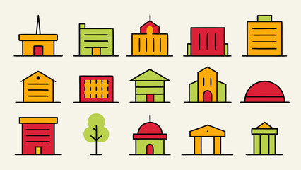 Poster - Comprehensive collection of architectural symbols showcasing various structures and prominent city landmarks presented in a clean graphic style with distinct color elements