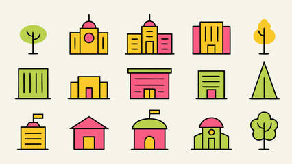 Poster - Comprehensive collection of architectural symbols showcasing various structures and prominent landmarks presented in a clean graphic style with distinct color accents