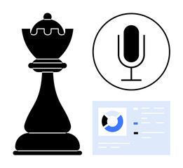 Poster - Chess piece symbolizing strategy, microphone for discussions or presentations, and chart showcasing analytics. Ideal for leadership, planning, communication, teamwork, creativity, presentations