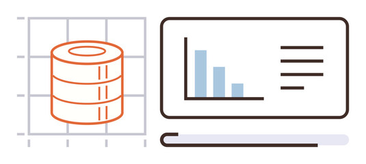 Poster - Stacked database and bar chart analytics displayed on a grid and screen. Ideal for data management, analytics, research, business growth, technology, big data, and organization. Simple flat metaphor