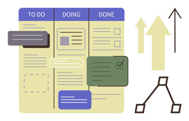 Poster - Kanban-style board divided into To Do, Doing, and Done sections with task cards, arrows symbolizing progress, and a workflow diagram. Ideal for productivity, workflow, goal setting, project