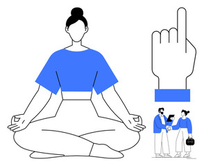Poster - Calm woman in lotus pose, a hand pointing upward, and two professionals collaborating. Ideal for wellness, mindfulness, communication, business, focus relaxation teamwork. Simple flat metaphor