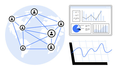 Poster - Connected people icons mapped globally, analytics dashboard with reports, line graph. Ideal for networking, collaboration, communication, data analysis, global connection, teamwork simple landing