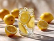 © Dreamer Studio - Glass jar of chilled lemon water with ice and fresh lemon slices surrounded by whole lemons on sunlit surface creating a bright summer scene