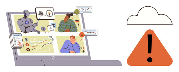 Poster - Laptop displays AI, diverse team, charts, and messages with error warning. Ideal for technology, teamwork, AI, remote work cybersecurity communication data analytics. Simple flat metaphor