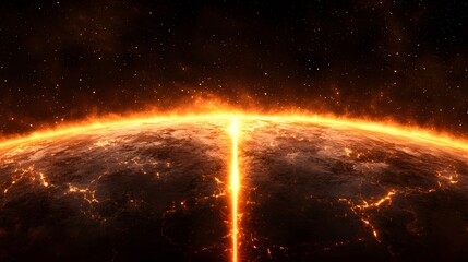 Wall Mural - A view of a scorching planet with a bright line of energy shooting from it, set against a backdrop of stars brings a sense of cosmic drama and power.