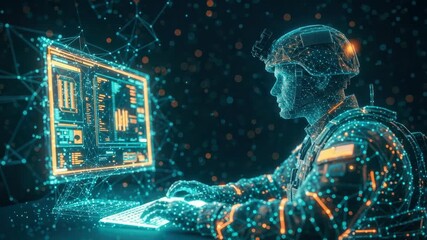 A futuristic soldier interacts with a holographic computer interface analyzing data in a high-tech environment showcasing advanced technology and military strategy