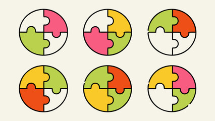 Poster - Collection of circular jigsaw puzzle pieces featuring diverse graphic symbols and illustrative elements presented in a vibrant color palette for creative projects