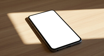 Modern smartphone with blank white screen placed flat on bright wooden surface