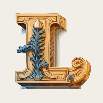 A detail letter L alphabet classic style, linocut and engraving illustration style