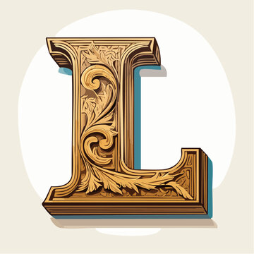 A detail letter L alphabet classic style, linocut and engraving illustration style