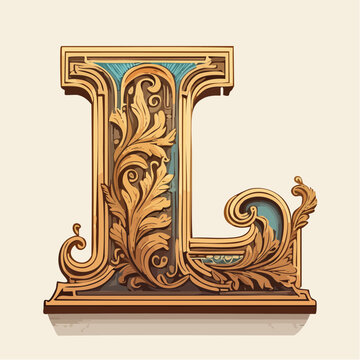 A detail letter L alphabet classic style, linocut and engraving illustration style