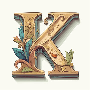 A detail letter K alphabet classic style, linocut and engraving illustration style