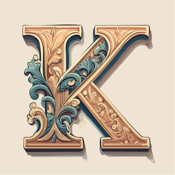 A detail letter K alphabet classic style, linocut and engraving illustration style