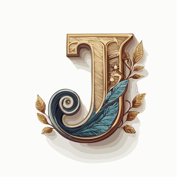 A detail letter J alphabet classic style, linocut and engraving illustration style