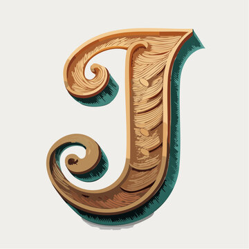 A detail letter J alphabet classic style, linocut and engraving illustration style