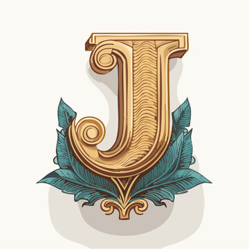 A detail letter J alphabet classic style, linocut and engraving illustration style
