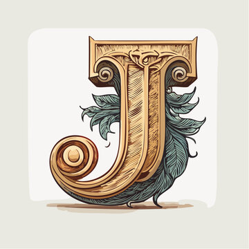 A detail letter J alphabet classic style, linocut and engraving illustration style