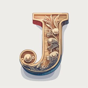 A detail letter J alphabet classic style, linocut and engraving illustration style