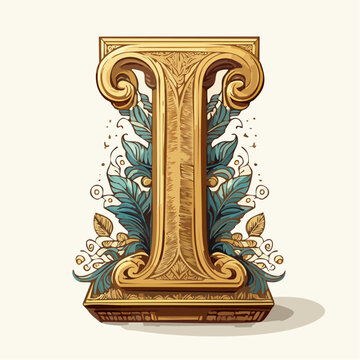 A detail letter i alphabet classic style, linocut and engraving illustration style
