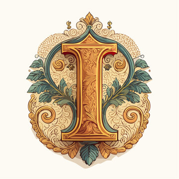 A detail letter i alphabet classic style, linocut and engraving illustration style
