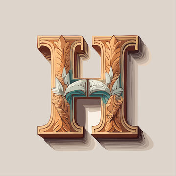 A detail letter H alphabet classic style, linocut and engraving illustration style