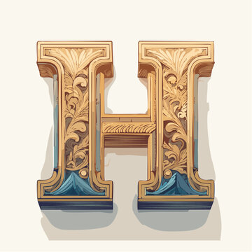 A detail letter H alphabet classic style, linocut and engraving illustration style